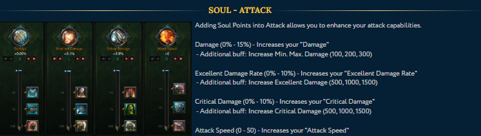 SOUL — ATTACK progression interface and available attributes
