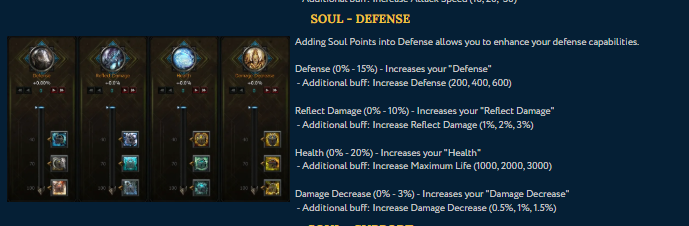 SOUL — DEFENSE progression interface and available attributes