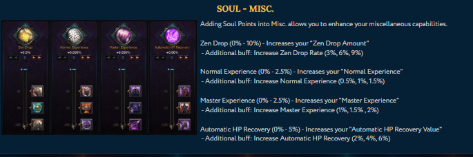 SOUL — MISC. progression interface and available attributes
