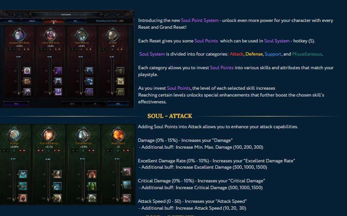 Soul System interface with Attack, Defense, Support and Miscellaneous paths